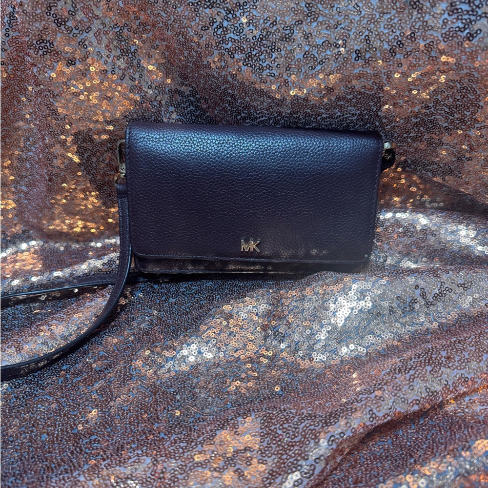 Michael Kors Plum Leather Wallet/Phone Crossbody Bag with Flap Closure